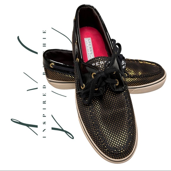Sperry Top-Sider Black with Gold Polkadots Slip-On Loafer/Boat Shoes - Picture 1 of 10